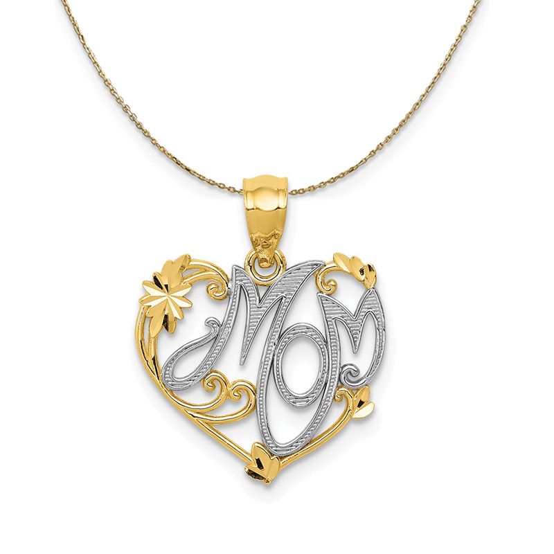 14k Yellow Gold And Rhodium Mom Floral Heart Necklace - 16 Inch